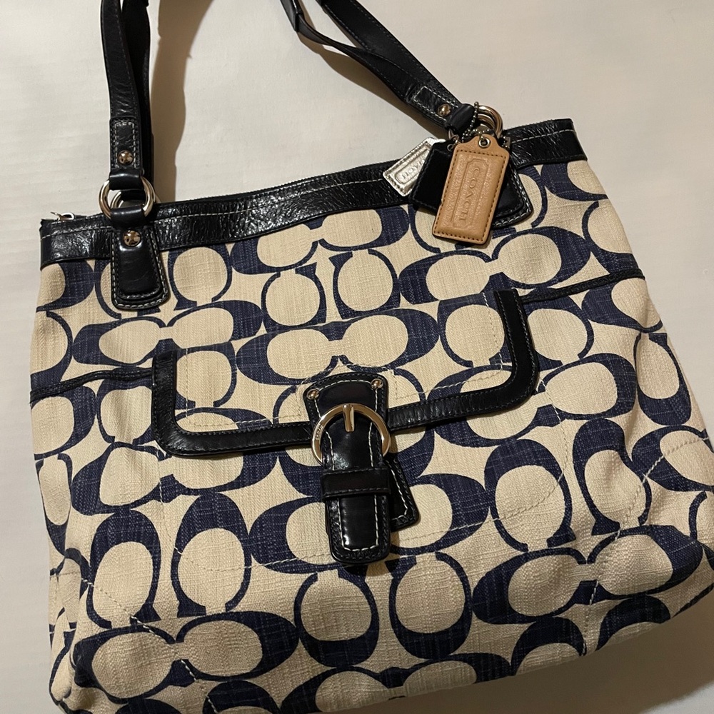 Blue and white coach tote